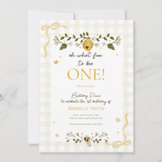 First 1st Birthday Honey Bee Gingham Bows Invitation