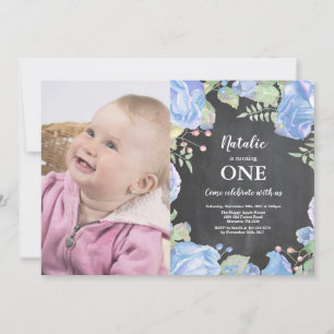 First 1st Birthday Invitation Blue Floral