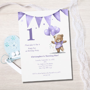 First 1st Birthday Party Baby Boy Bear Balloons  Invitation