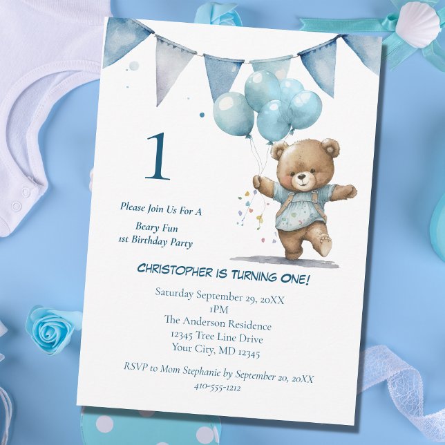 First 1st Birthday Party Baby Boy Bear Balloons  Invitation (Creator Uploaded)