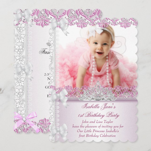 First 1st Birthday Party Girl Princess Pink Photo Invitation (Front/Back)