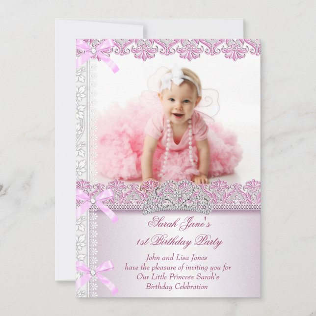 First 1st Birthday Party Girls Princess Pink Photo Invitation (Front)