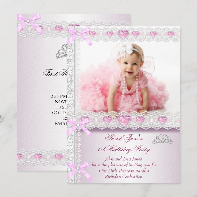 First 1st Birthday Party Girls Princess Pink Photo Invitation (Front/Back)
