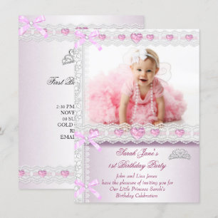 First 1st Birthday Party Girls Princess Pink Photo Invitation