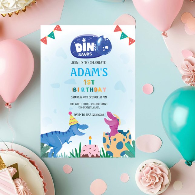 First 1st Birthday Pink & Blue Dinosaur Invitation (Creator Uploaded)
