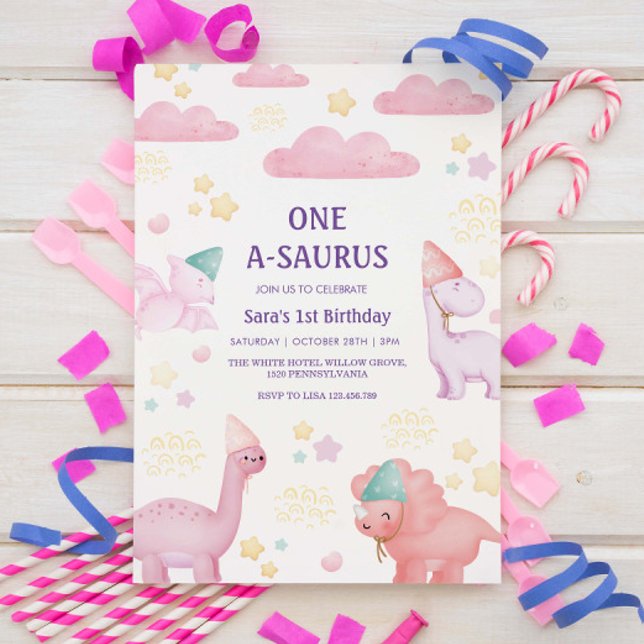 First 1st Birthday Pink Watercolor Dinosaurs Invitation (Creator Uploaded)