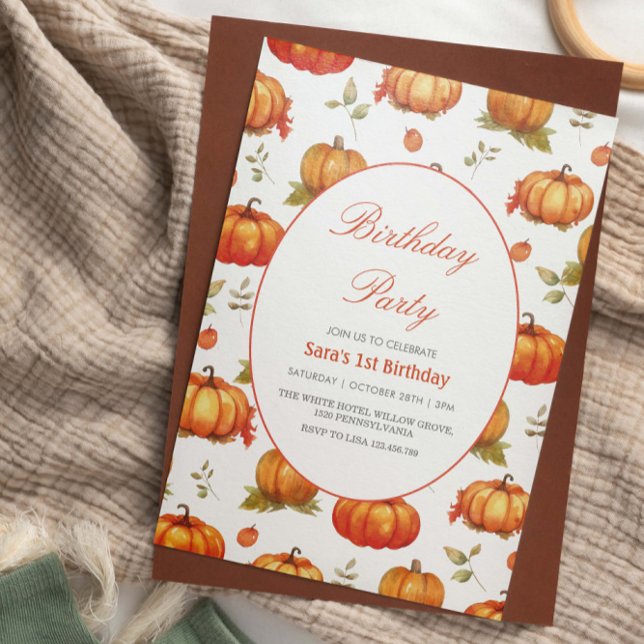 First 1st Birthday Pumpkin Watercolor Invitation (Creator Uploaded)