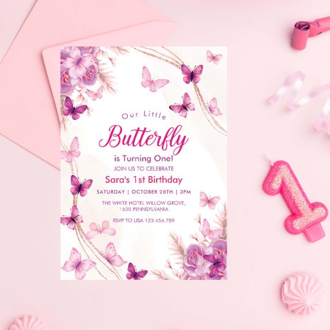 First 1st Birthday Purple Floral Butterflies Party Invitation (Creator Uploaded)