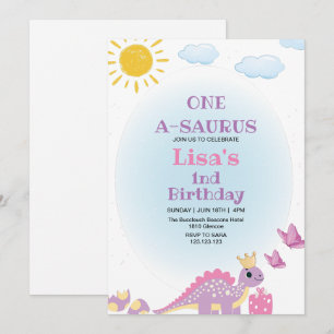 First 1st Birthday Queen Dinosaur Watercolor  Invitation