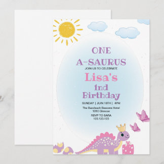 First 1st Birthday Queen Dinosaur Watercolor  Invitation