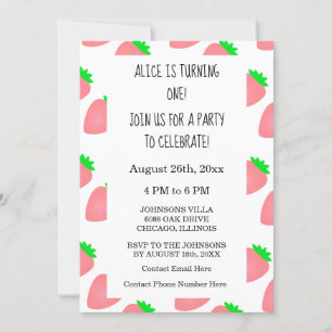 First 1st Birthday Strawberry Pink Baby Girl 2024 Invitation
