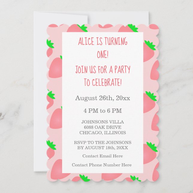 First 1st Birthday Strawberry Pink Baby Girl Cool Invitation (Front)