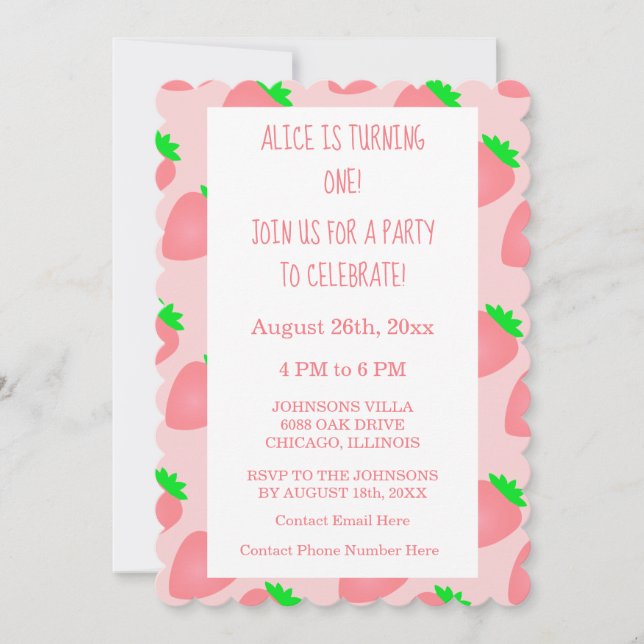 First 1st Birthday Strawberry Pink Baby Girl Cute Invitation (Front)
