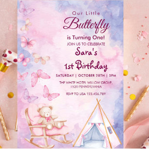 First 1st Birthday WatercoloBear LItlle Butterfly  Invitation