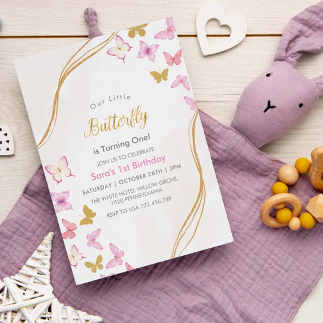 First 1st Birthday Watercolor Butterflies Party Invitation (Creator Uploaded)