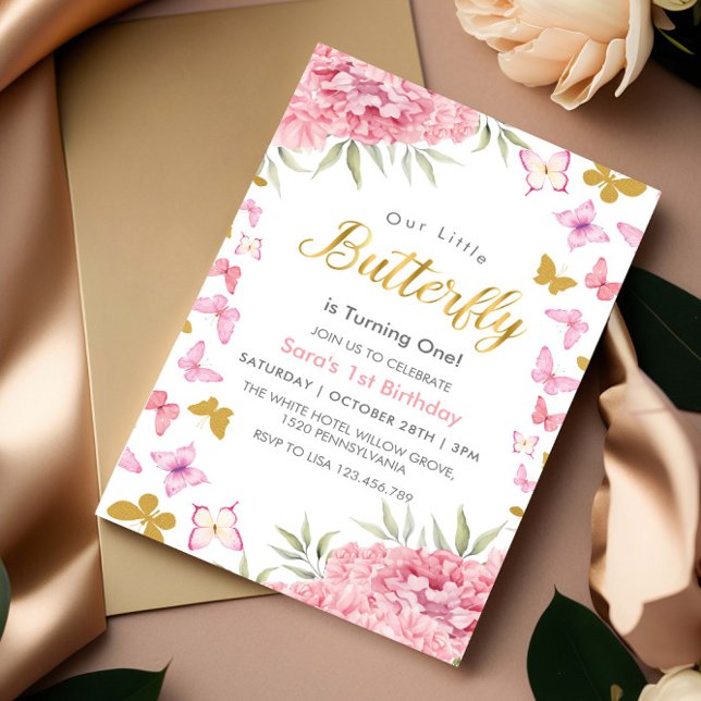 First 1st Birthday Watercolor Butterfly & Flower Invitation (Creator Uploaded)