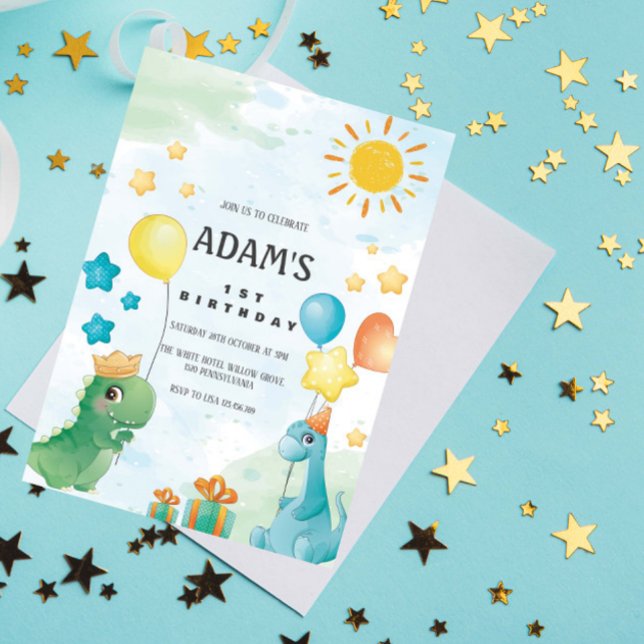First 1st Birthday Watercolor Dinosaurs  Theme Invitation (Creator Uploaded)