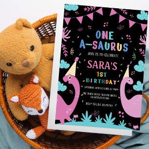 First 1st Black Birthday Pink Dinosaur Invitation