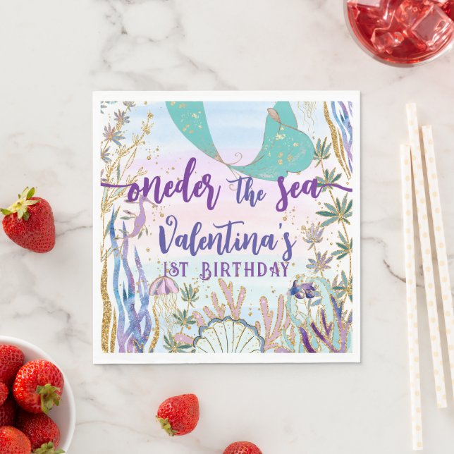 First 1st ONEder the Sea Birthday Mermaid Glitter Napkin (Insitu)
