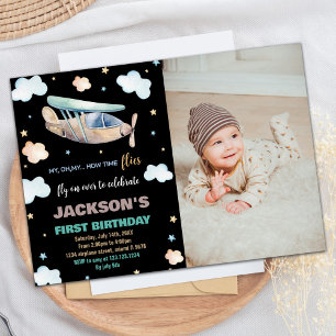 First Aeroplane Birthday Invitations Black w photo