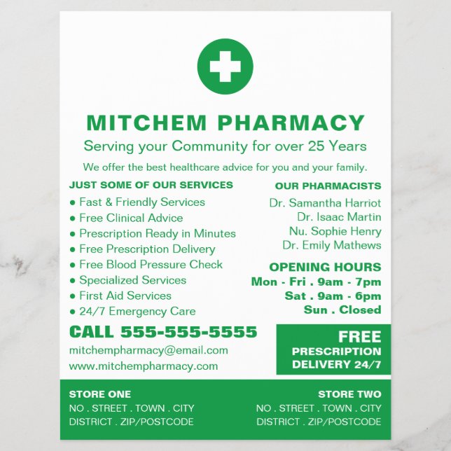 First Aid Symbol, Pharmacy, Pharmacists Advert Flyer (Front)