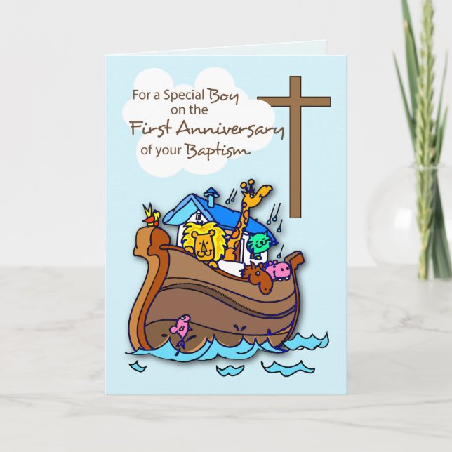 First Anniversary of Baptism Boy Noah's Ark Card (Front)