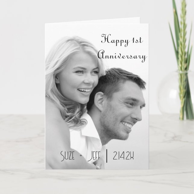 First Anniversary Photo Black White Retro Greeting Card (Front)