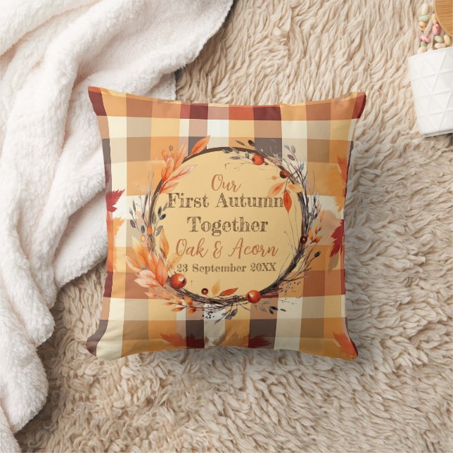 First Autumn: Plaid and Fall Wreath Name & Date  Cushion (Blanket)