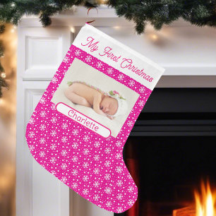 First  Baby  Girl's Photo Name Pink Snow Large Christmas Stocking