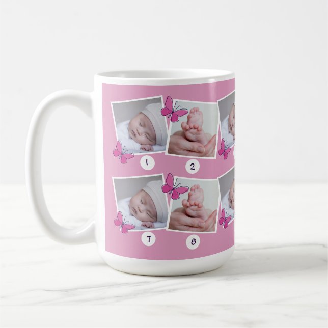 First Baby Year Photo Collage Pink Butterflies  Coffee Mug (Left)