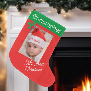 First Baby's Photo Custom Name Boy or Girl Large Christmas Stocking