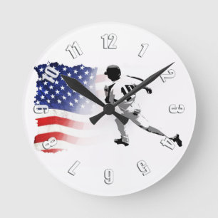 First Base Run - Baseball Player and US Flag  Round Clock