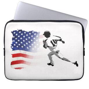 First Base Run- Baseball Player and USA Flag Laptop Sleeve