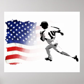 First Base Run- Baseball Player and USA Flag   Poster