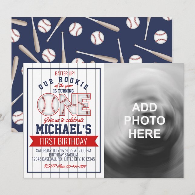First Baseball Birthday Invitation with photo (Front/Back)