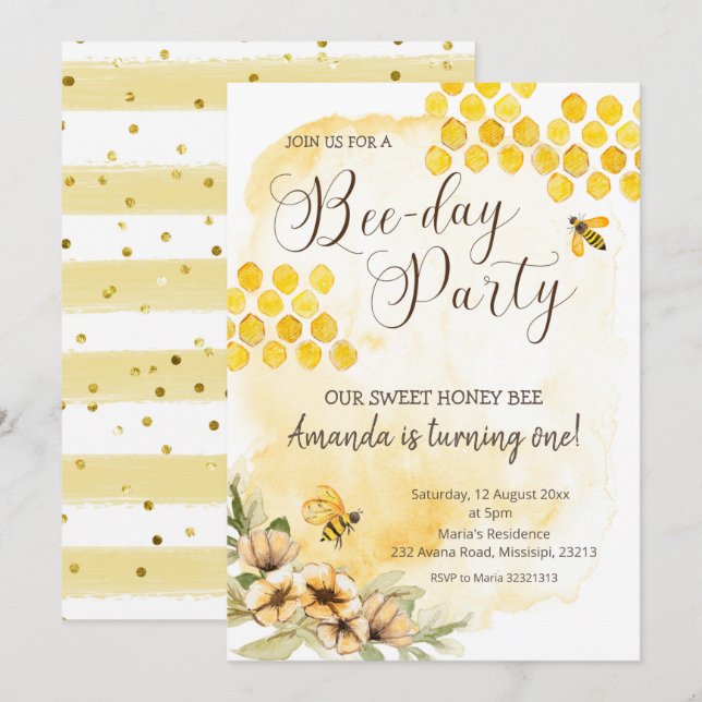 First Bee Birthday Party Invitation (Front/Back)