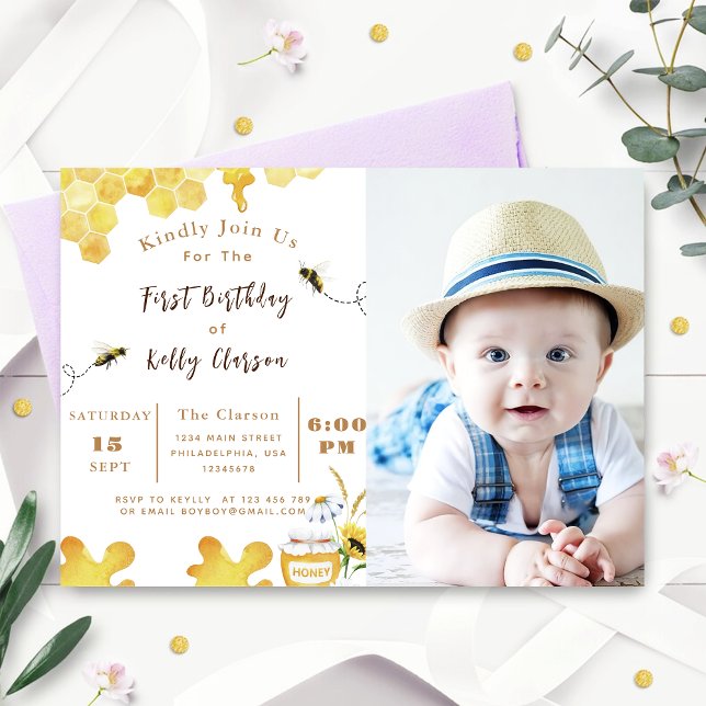 First Bee Birthday Yellow Bee and Sunflower Photo Invitation (Creator Uploaded)