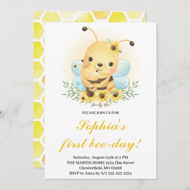 First Bee-Day Bee Honey Bee 1st Birthday Invitatio Invitation (Front/Back)