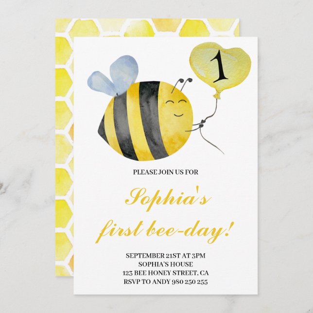 First Bee-Day Bee Honey Bee 1st Birthday Invitation (Front/Back)