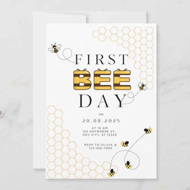 First Bee Day Birthday Invitation (Front)
