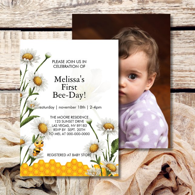 First Bee Day Birthday Yellow Bee Honeycomb Daisy Invitation (Creator Uploaded)