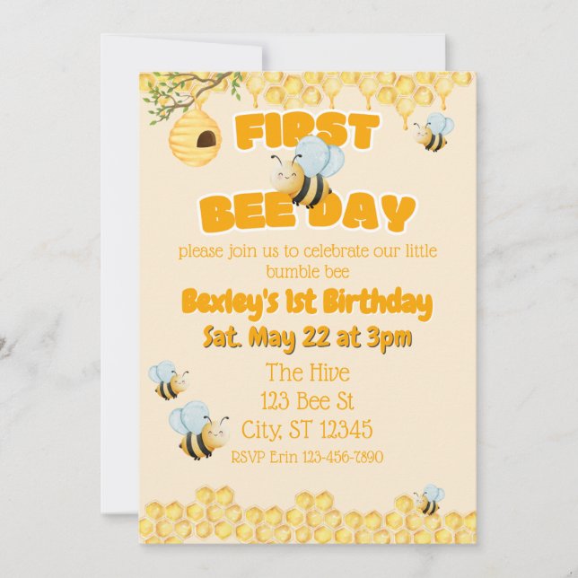 First Bee Day, Bumble Bee 1st Birthday Invitation (Front)