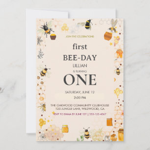 First Bee-Day First Birthday  Invitation