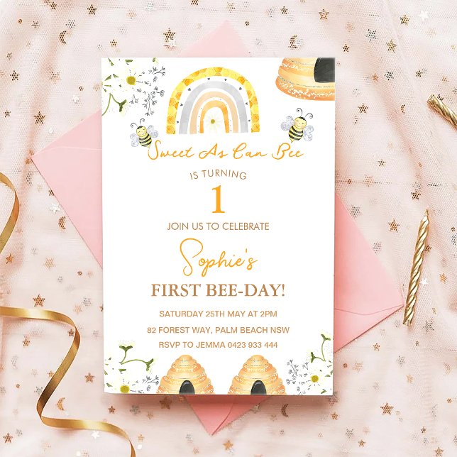 First Bee Day Sweet As Can Bee Birthday  Invitation (Creator Uploaded)