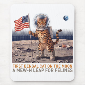First Bengal Cat on the Moon - Retro Space Feline Mouse Mat