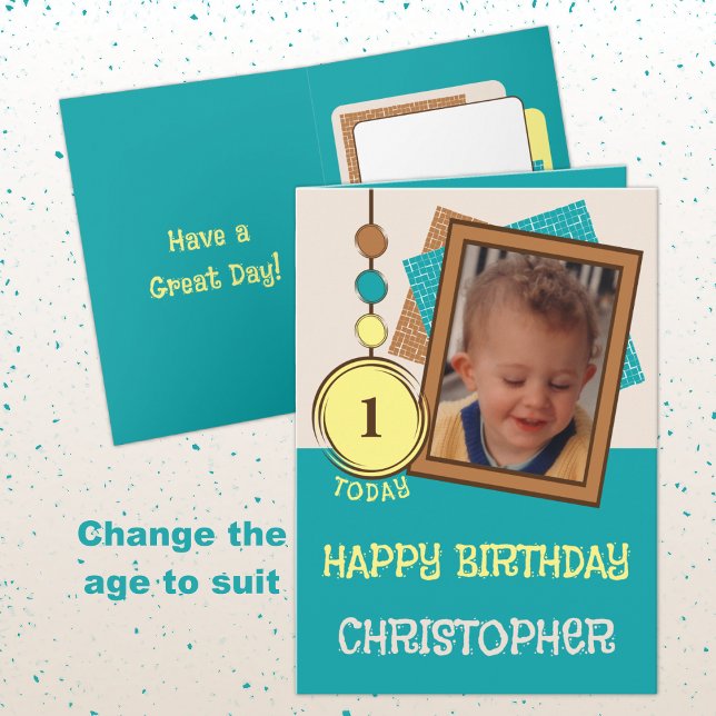 First birthday 1 today name photo turquoise brown card (Creator Uploaded)