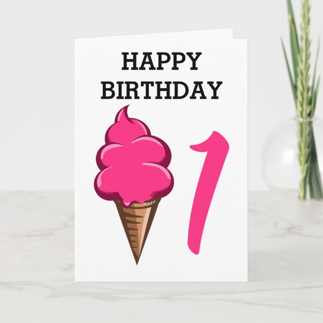 First Birthday 1 year Girls Pink Ice cream Card (Front)