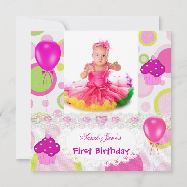 First Birthday 1st Girl Cupcakes Pink Balloons Invitation (Front)