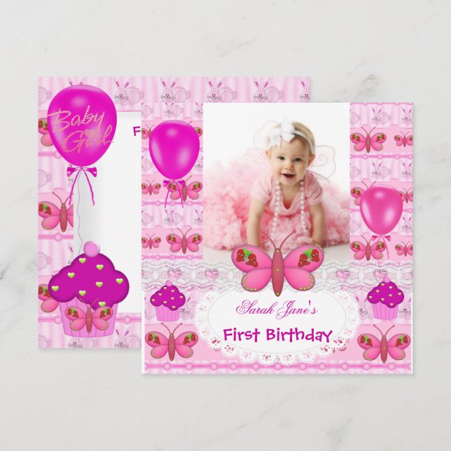 First Birthday 1st Girl Hot Pink Butterfly Invitation (Front/Back)