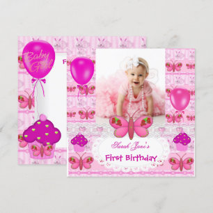 First Birthday 1st Girl Hot Pink Butterfly Invitation